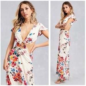 Cream Floral Print Maxi with Cut Outs